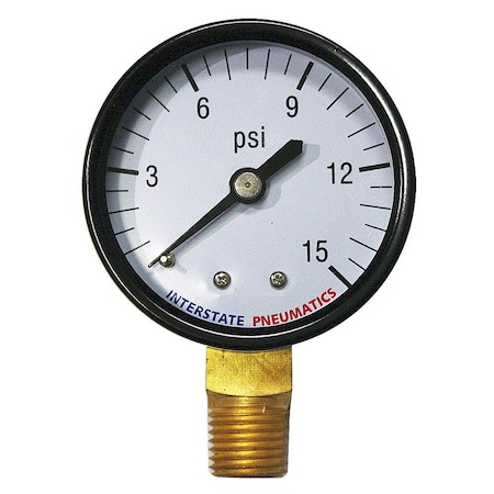Interstate Pneumatics Pressure Gauge 15 PSI 2 Inch Diameter1/4 Inch NPT Bottom Mount G2012-015
